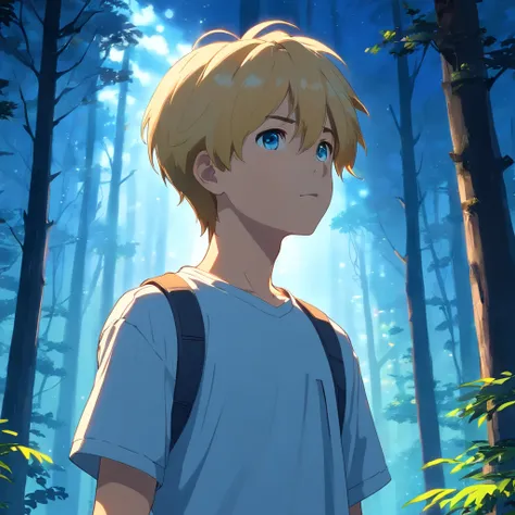 masterpiece, best quality, movie still, 1boy, 15 years old, short blonde hair, blue eyes, wearing white t-shirt, dark-skinned, standing in forest, looking up at the sky, midnight, cinematic