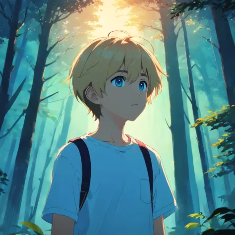 masterpiece, best quality, movie still, 1boy, 15 years old, short blonde hair, blue eyes, wearing white t-shirt, dark-skinned, standing in forest, looking up at the sky, midnight, cinematic