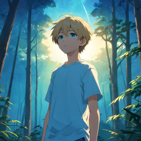 masterpiece, best quality, movie still, 1boy, 15 years old, short blonde hair, blue eyes, wearing white t-shirt, dark-skinned, standing in forest, looking up at the sky, midnight, cinematic