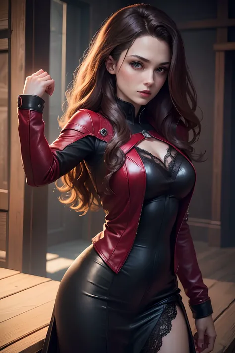 Very detailed photo of a woman, Laura Elizabeth, Scarlet Witch, The Avengers, Wearing a black lace dress, Open red leather jacket, 8K UHD, Raw-Photo, Model photo shoot