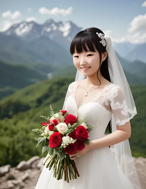 In a wedding photo shoot, a Chinese girl wearing a white wedding dress stands on a high mountain, holding a bouquet of roses in her hand and smiling at the camera --auto --s2