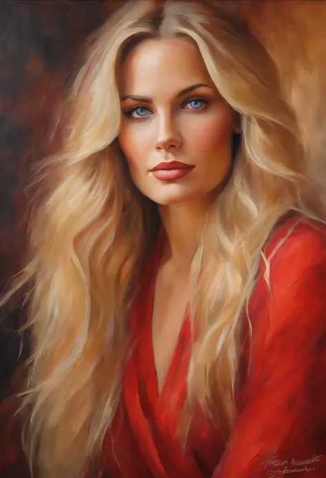 Female portrait, beautiful woman, long blond hair, eyes looking at camera, red dress, acrylic painting, impressionist style, painterly background, vibrant colors, very heavy brushstrokes, textured paint, fine art painting.