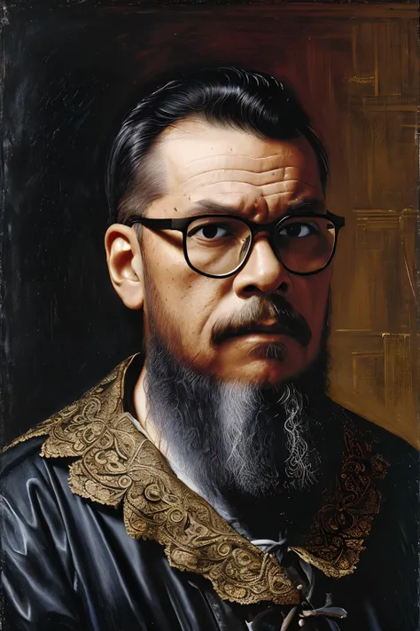 guttonerdvision10, Baroque style, create a prompt for a portrait of a middle-aged man with a long beard and glasses. He is looking directly ahead, with a serious and imposing expression. The colors should be rich and vibrant, with intricate details in his ...