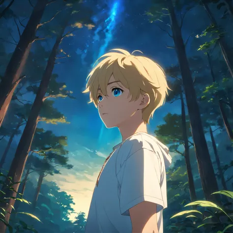 masterpiece, best quality, movie still, 1boy, 15 years old, short blonde hair, blue eyes, wearing white t-shirt, dark-skinned, standing in forest, looking up at the sky, midnight, cinematic