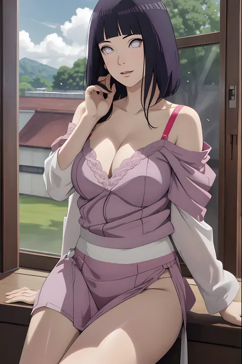 tmasterpiece， hoang lap， hyouka（Boruto）， 1girll， 独奏，a mature female， Purple slip dress，Off-the-shoulder attire，The shoulder straps slip off，cleavage，Large breasts，Brown pants，exteriors，Lavender flower field， looking at viewert， （Falling petals）， mostly clo...