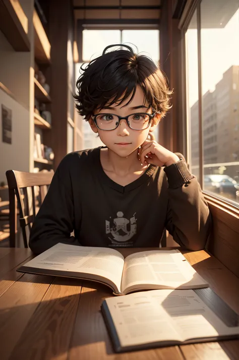 "Design an inviting YouTube channel image for an educational channel centered around study and learning, symbolized by a studious 7-year-old boy. Create a cozy and inspiring scene where the young boy is seated at a coffee shop table, engrossed in his studi...