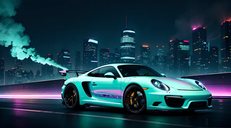 Cyberpunk supercar, pastel colors, swirling colors smoke, legend, cityscape, space, Porsche sports car