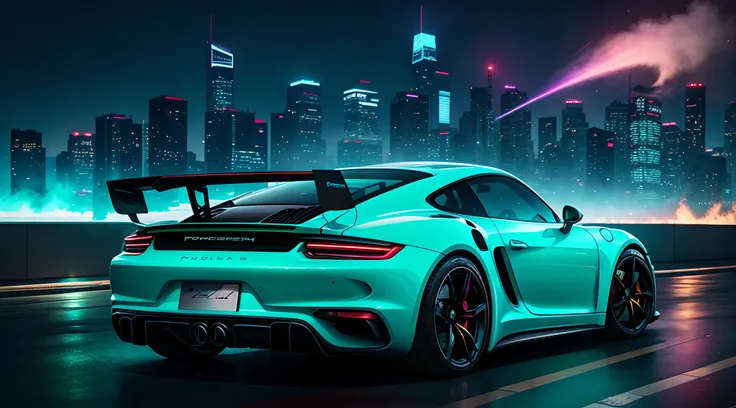 Cyberpunk supercar, pastel colors, swirling colors smoke, legend, cityscape, space, Porsche sports car