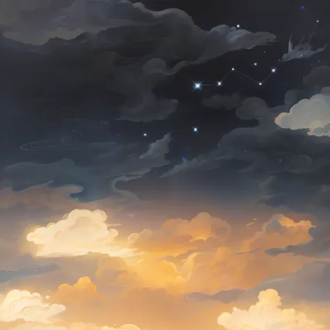 There is a painting of the sky with clouds and stars, baroque painting. star lit sky, atmospheric dreamscape painting, painting of a dreamscape, sky, space clouds, Golden clouds, Cosmos Sky, Cosmos Sky. By Makoto Shinkai, on cosmic cloudscape, brittney lee...