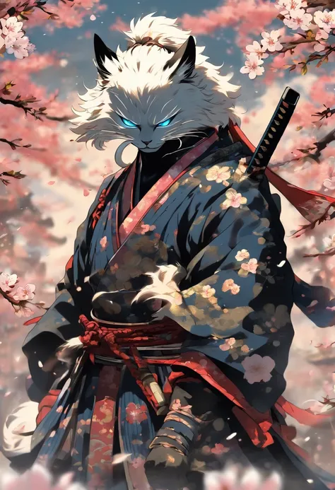 The most brave and noble cat samurai warrior drawing his sword going into battle, white hair, blue eyes, incredibly detailed black samurai armor with mounted sashimono war flag, cherry blossoms blowing in the wind, perfect masterpiece, high quality, high r...