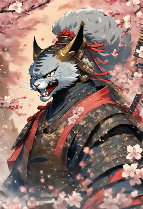 The most brave and noble cat samurai warrior drawing his sword going into battle, white hair, blue eyes, incredibly detailed black samurai armor with mounted sashimono war flag, cherry blossoms blowing in the wind, perfect masterpiece, high quality, high r...