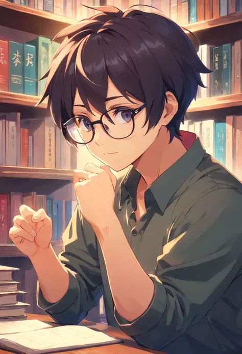 macho, adulto jovem, nobre, mago, cabelos preto, Rosto detalhado, detailed hands, roupas nobres vermelhas, glasses, inteligente, charismatic appearance, confiante, fundo da biblioteca, esnobe