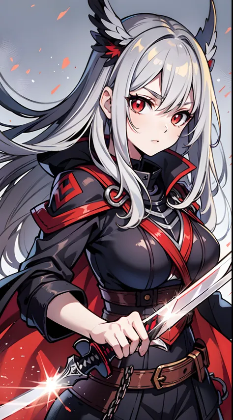 upper body, 1woman, grey hair, Long Haired, red eyes, ((swordwoman)), black cape, big breats, wallpaper, chain background, light particles, ((masterpiece)), ((best quality)), ((Top Quality)), pale white skin, solo, long black sword