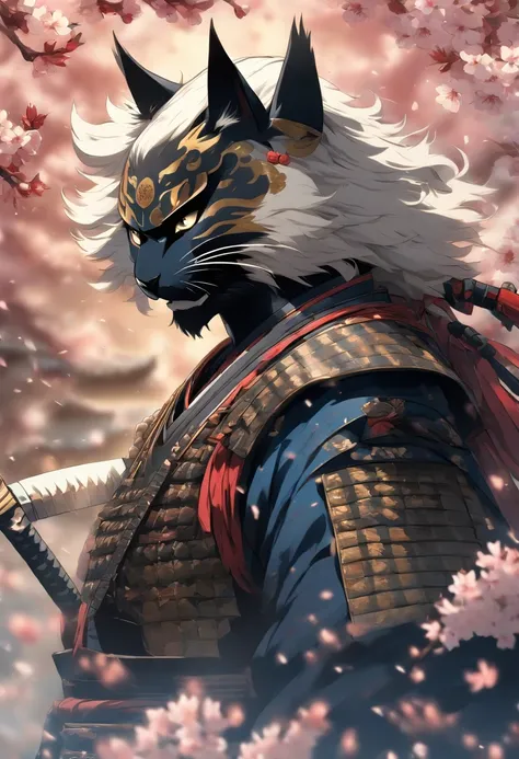 The most brave and noble cat samurai warrior, white hair, blue eyes, incredibly detailed black samurai armor with mounted sashimono war flag, cherry blossoms blowing in the wind, perfect masterpiece, high quality, high resolution