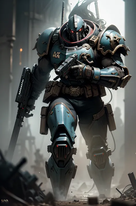 A Space marine, with bolt gun, fighting in a wasteland, Warhammer style, Discreet lighting, gloomy atmosphere, dark shadows, subtle highlights, mysterious aura, panoramic photography, wide-angle perspectives intricately details, Highly detailed, volumetric...