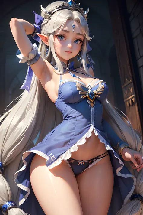 Obra maestra, best quality,Zelda (princess) silver_long_hair, 1girl, , dark_light_skin, blue_eyes, (adult_girl), armpit, big_legs, big_hips, ribbon_hair, open_legs, half_smile, shorts_dress, panties_dress, long_sox.