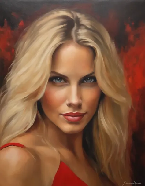 Female portrait, rule of thirds, beautiful woman, long blond hair, eyes looking at camera, slight smile, red dress, acrylic painting, strong impressionist style, painterly background, vibrant colors, very heavy brushstrokes, textured paint, fine art painti...