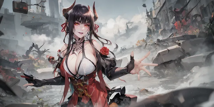 breasts, gloves, mole, wet, large_breasts, cleavage, looking_at_viewer, black_gloves, 1girl, bare_shoulders, long_hair, wet_clothes, mole_on_breast, mole_under_eye, hand_on_hip, purple_hair, rain, ribbon, bangs, water, outdoors, horns, cloud, hair_ribbon, ...