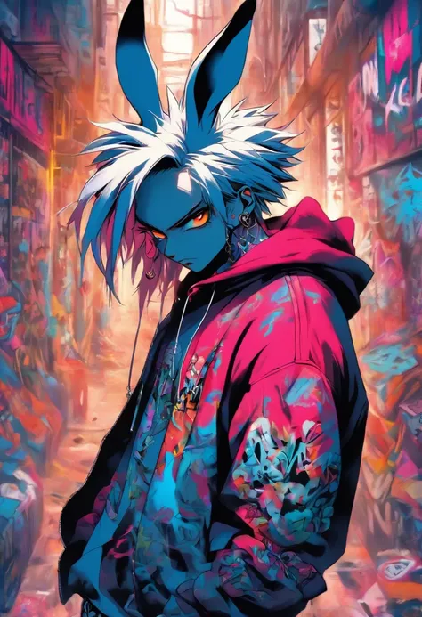 A cool and trendy rabbit, white hair, blue eyes, wearing trendy hip hop clothing, wearing a hoodie, graphic t-shirt and torn jeans, tons of tattoos and piercings, graffiti style background, highly detailed background, perfect masterpiece, high quality, hig...