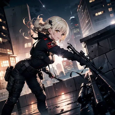 (Trained female soldiers)、((Aim and fire your rifle:1.4、Sniper stance、guns、h&K HK416))、1 Women、a smile、thick body、(Black combat uniform)、(platinum-blonde-hair:1.2)、((超A high resolution))、Detail Write、​masterpiece、top-quality、extremely details CG、8K picture...