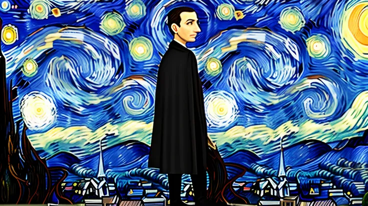 a man wearing a black cape holding a Rosary and a starry night