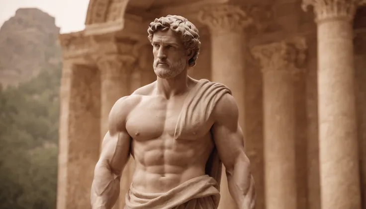 Stoic Greek statue with very muscular body in profile, strong upper arms, HERCULES STYLE, cinemactic, 8k, Bakground escuro