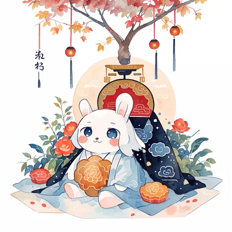 (pastelcolor:1.3)、(cute illustration:1.3)、(watercolor paiting:1.1),（A rabbit：1.4）, sat on the ground, Looking up, （（sweet osmanthus，Kongming Lantern，Meniscus：1.3，Moon cake：1.3）），Mid-Autumn Festival atmosphere：1.3，（Chinese kanji：1.3），Chinese Traditional ill...