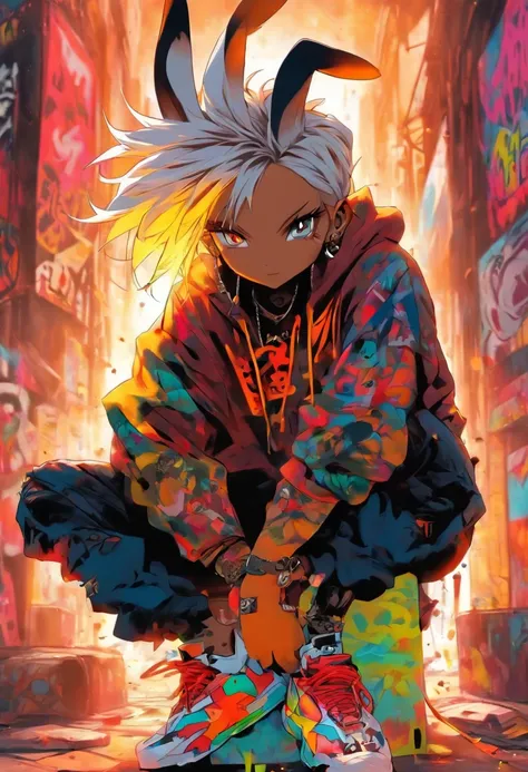 A cool and trendy rabbit, white hair, yellow eyes, wearing trendy hip hop clothing, wearing a hoodie, graphic t-shirt and torn jeans, tons of tattoos and piercings, graffiti style background, highly detailed background, perfect masterpiece, high quality, h...