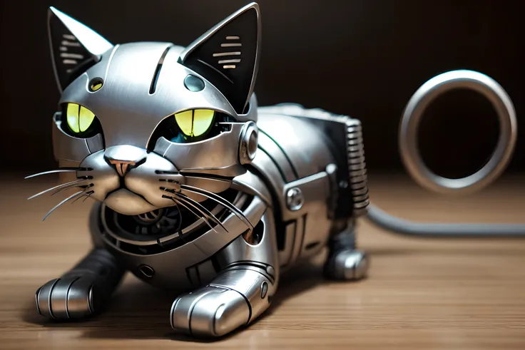 cute cyborg cat, half made of metal