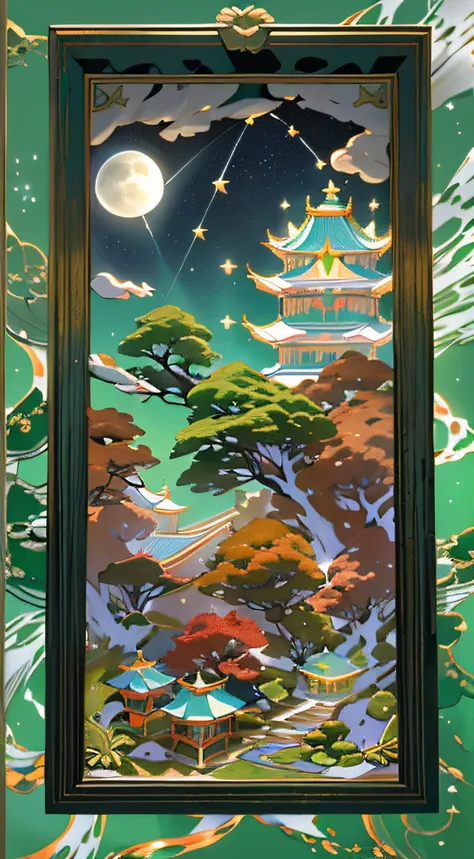 Orange moon，Guanghan Palace,Emerald base,full moon,The pot is composed of Hetian jade,Crystal clear jade carvings,The ivory tortoiseshell is full of color， clearly visible,(Star Draft,starryskybackground,In the glow-in-the-dark world:1.45),