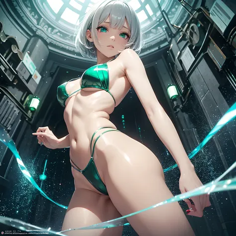 looking back, from below, finest image, beautiful girl, amorous expression, lewd expression, ecstasy, orgasm, light silver glossy braided bangs iridescent short hair, emerald green sparkling big eyes, very small breasts, abs, ass, perfect proportion, long ...