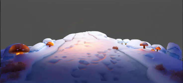 Snowy roads，Thick snow，It snows at night，glowing mushrooms，game assets, subsurfacescattering, rendered in unrealengine, icey tundra background, frostbite 3 rendered, Orange subsurface scattering, Snowy environment, highly detailed scenario, Rendered in red...