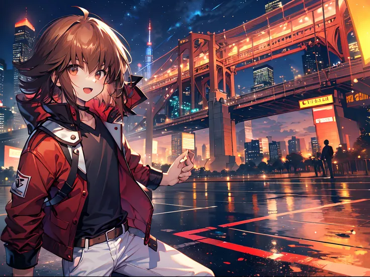 yuuki judai, 1boy, brown hair, solo, red jacket, bangs, black shirt, open jacket, hair between eye, open mouth, smile, white pan...