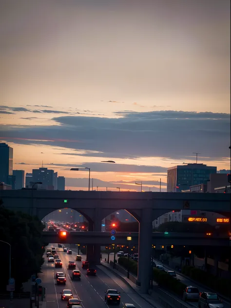 Cars parked at traffic lights on city streets, golden hour in beijing, 4 0 9 6, sunset ligthing, sunset evening lighting, dusk on the city street, Color ( sony a 7 r iv, with orange street lights, city street at dusk, traffic in background, Illumination at...