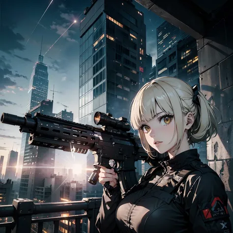 (Trained female soldiers)、((Aim and fire your rifle:1.4、Sniper stance、guns、h&K HK416))、1 Women、Serious look、thick body、(Black combat uniform)、(platinum-blonde-hair:1.2)、((超A high resolution))、Detail Write、​masterpiece、top-quality、extremely details CG、8K pi...