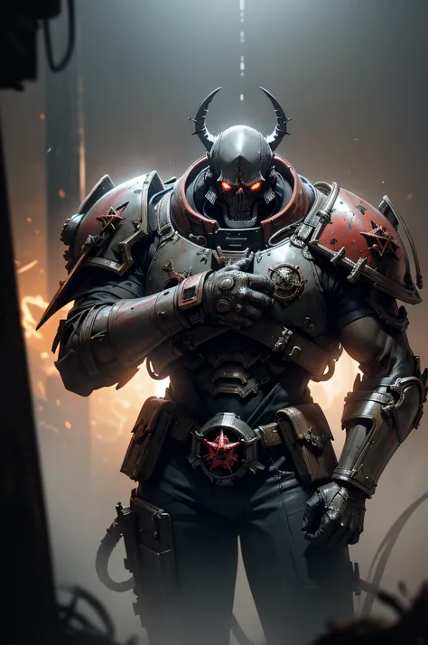 A Space marine, with bolt gun, fighting in a wasteland, Chaos marine, Warhammer style, Skull symbols, detailed hands, (Burning red eyes), , Red-blooded pentagram, Glowing Grimmore closes, summoning circle, Rusty chainsDiscreet lighting, gloomy atmosphere, ...