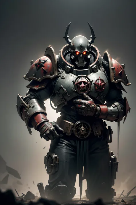 A Space marine, with bolt gun, fighting in a wasteland, Chaos marine, Warhammer style, Skull symbols, detailed hands, (Burning red eyes), , Red-blooded pentagram, Glowing Grimmore closes, summoning circle, Rusty chainsDiscreet lighting, gloomy atmosphere, ...