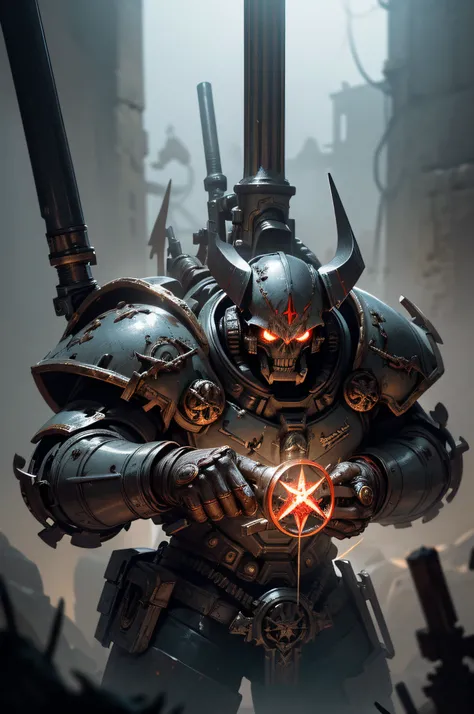 A Space marine, with bolt gun, fighting in a wasteland, Chaos marine, Warhammer style, Skull symbols, detailed hands, (Burning red eyes), , Red-blooded pentagram, Glowing Grimmore closes, summoning circle, Rusty chainsDiscreet lighting, gloomy atmosphere, ...