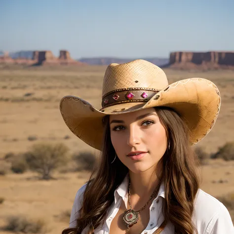 fotografia retrato, a female cowgirl, Strass, Borlas, cowboy hat, Looking at camera