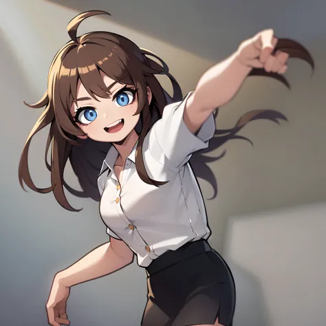 ((masterpiece, best quality)), (1girl), (solo), (female focus), (ahoge, brown hair, long hair), blue eyes, light smile, open mouth, ((white shirt), (buttoned shirt), (button gap)), ((black skirt), (short skirt)), standing, white background, arms behind bac...