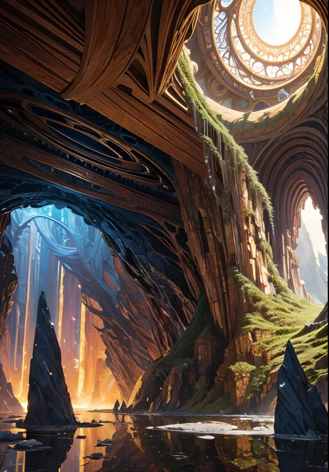 (masterpiece, top quality, best quality, official art, beautiful and aesthetic:1.2), extreme detailed,(fractal art:1.3),colorful,highest detailed in ultra detailed complex biomechanical hr giger cave filled with rocks and stones and stalagmites and crystal...