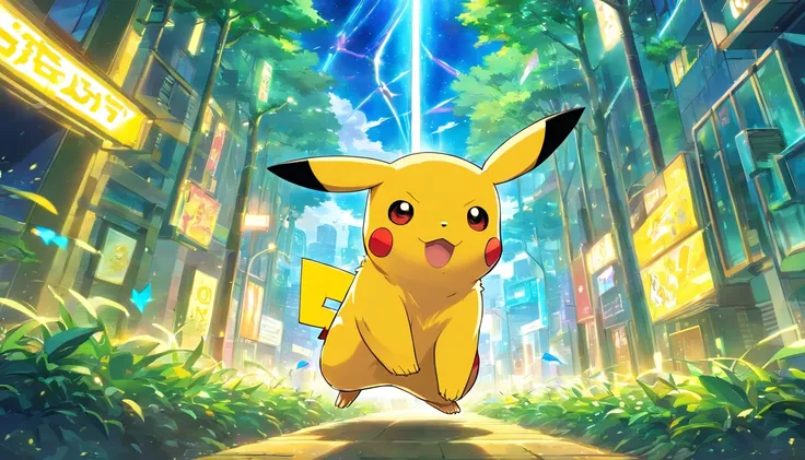 Pokémon Pikachu is flying over the sky of the city, Pikachu, Pikachu surprised, pikachu in a forest, concept art of pikachu, Pikachu Cyberpunk, pikachu in a forest, pikachu on acid, pikachu as a human, Pikachu Real Life, Pokémon Illustration, pikachu as je...