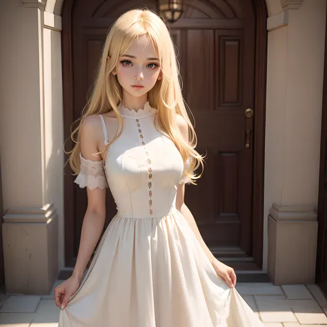 Human girl, realistic Blonde girl, ultra realistic Blonde girl, beautiful frock  dress,