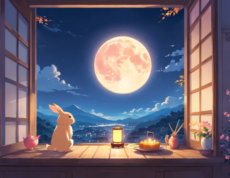 (pastelcolor:1.3)、(cute illustration:1.3)、(watercolor paiting:1.1),（A rabbit：1.4）, Leaning against the window, Look up at the moon, themoon；1.2，（（sweet osmanthus，Kongming Lantern，Meniscus，Moon cake：1.3）），Mid-Autumn Festival atmosphere：1.3，（Chinese kanji：1....