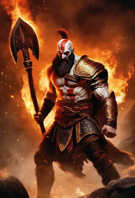 kratos In this epic portrayal, the God of War, a towering and formidable figure, stands at the forefront of a chaotic battlefield. His presence is both commanding and terrifying, as he wields a colossal, intricately designed weapon that gleams with divine ...