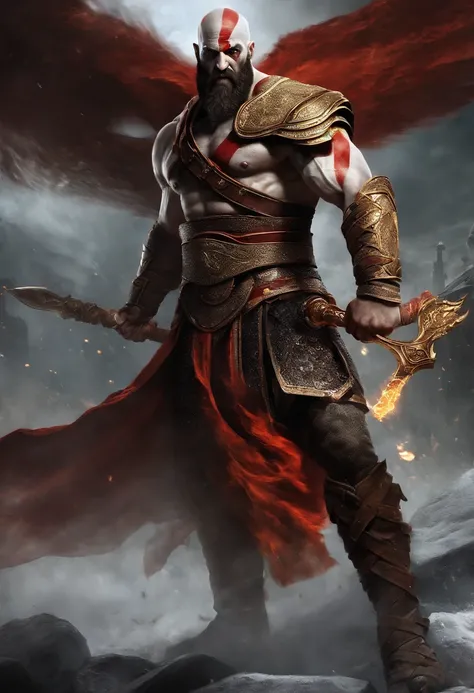 kratos In this epic portrayal, the God of War, a towering and formidable figure, stands at the forefront of a chaotic battlefield. His presence is both commanding and terrifying, as he wields a colossal, intricately designed weapon that gleams with divine ...