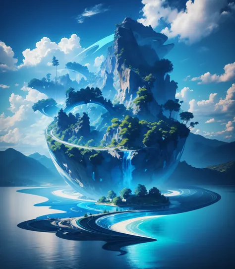 blue colors，scenecy，Mountains and rivers，water flowing，blue-sky，Uniform and rich shades，extraordinary，hd render，The light is gentle