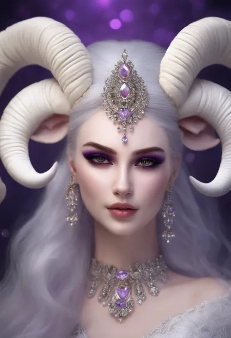 Royal Sister Demon King，White skin and delicate complexion, European and American makeup is slightly smoky，a purple eye, Black hair，Straight hair，Sheeps ears，Large plate horn of goats，With earrings，face with blood stains，Princess cut hairstyle， eerie, Cree...