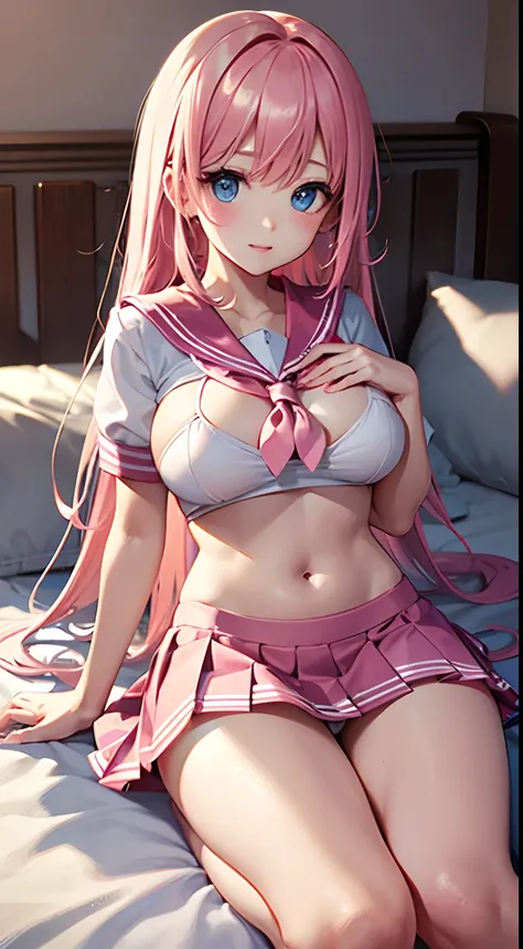 Beautiful illustration、top-quality、Cute little girl s、Bedroom、A pink-haired、long whitr hair、(((Pink pleated skirt)))、(((Pink sailor suit)))、short- sleeved、huge tit、a navel、Turn up the skirt with your hands、showing white panties、Pull up the skirt，The reveal...