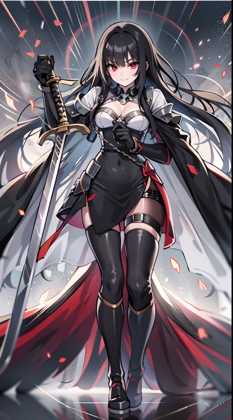 upper body, 1woman, grey-black hair, Long Haired, red eyes, ((swordwoman)), black cape, big breats, wallpaper, chain background, light particles, ((masterpiece)), ((best quality)), ((Top Quality)), pale white skin, solo, long black sword on back, closed-mo...